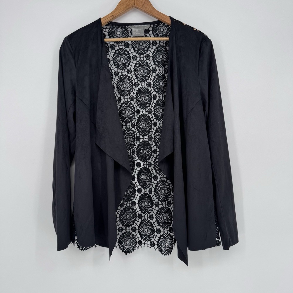Kate & Mallory Black Draped Open‎ Front Jacket Crochet Lace Back Boho Chic S